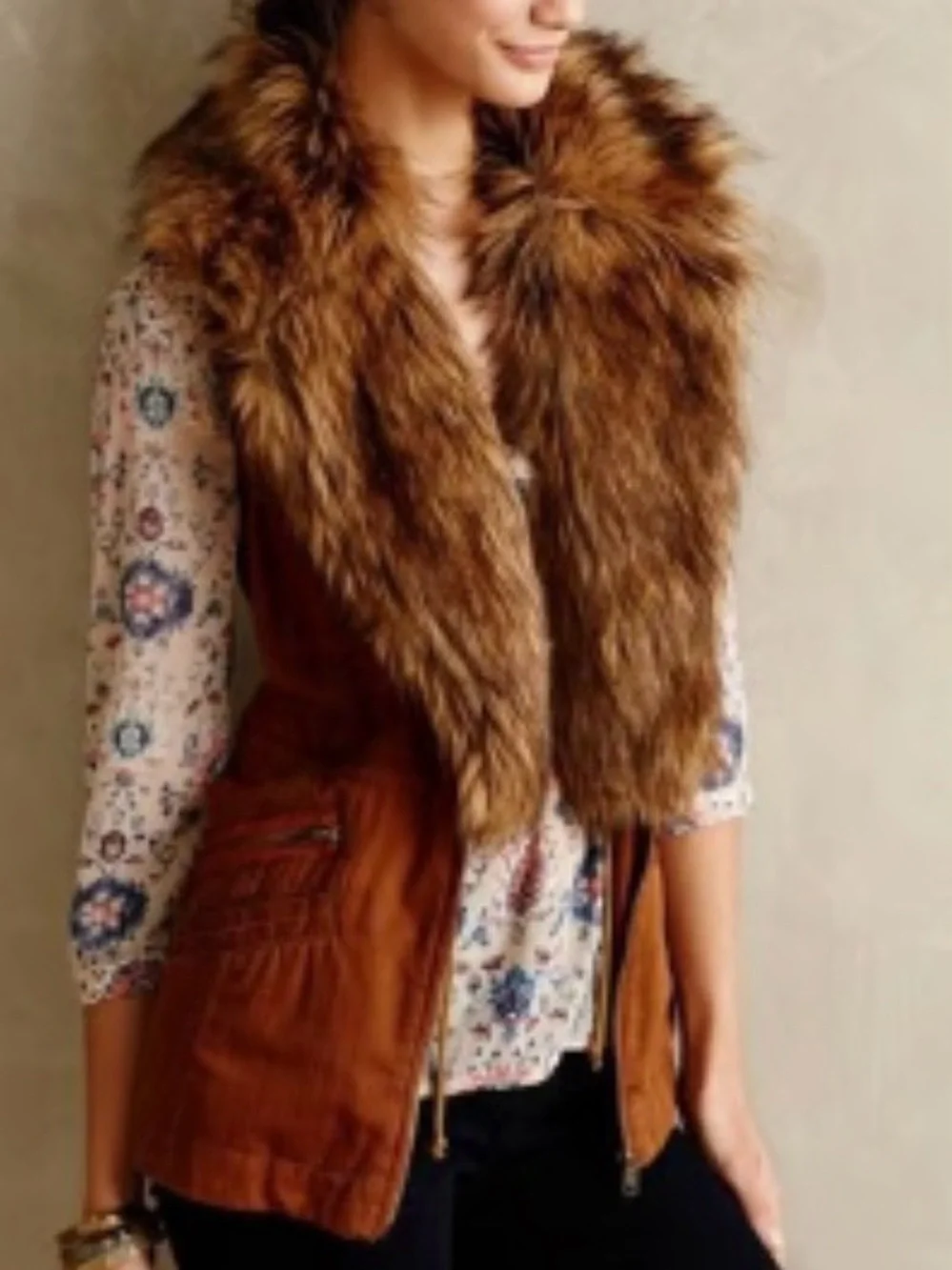 Anthropologie HEI HEI Brown Faux Fur Trim Utility Vest S